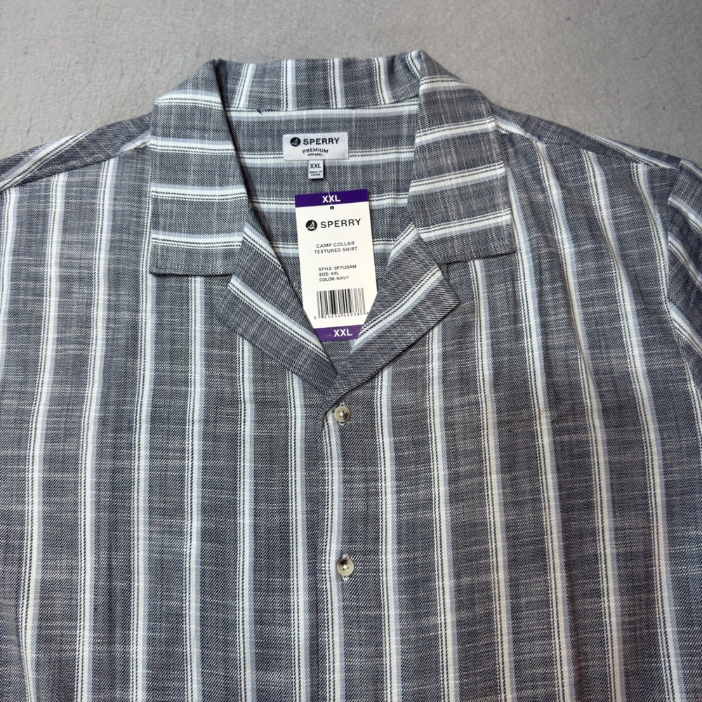 Sperry Camp Collar Textured Shirt Mens XXL Navy Vertical Stripe SP712SAM New Tag